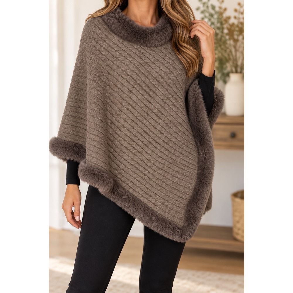 LeModa Women Cable Knit Poncho Faux Fur Trim Taupe Gray Sweater Cape
